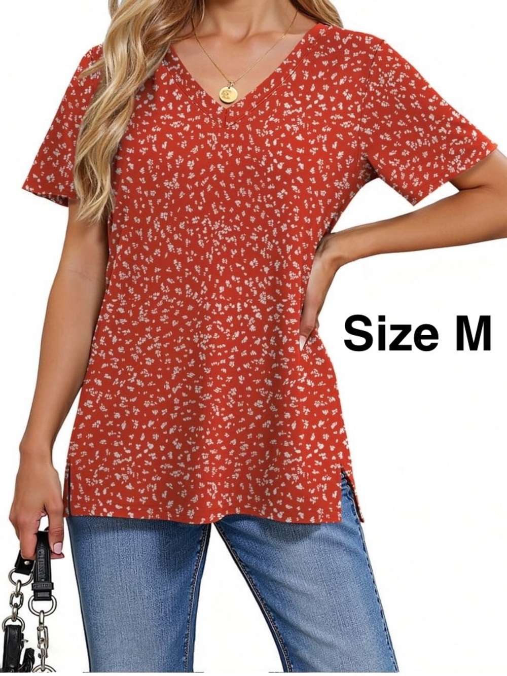 5/&15💥 Red V-Neck Short Sleeve Top T-Shirt Pattern Spring Summer Casual